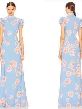 SAU LEE Sylvie Ruffle Sleeve Floral Blue Maxi Dress Size 0